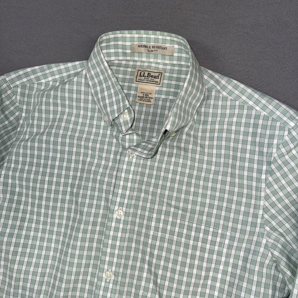 LL Bean Shirt Mens Small Green Glen Check Slim Fit Wrinkle Resistant Button Down